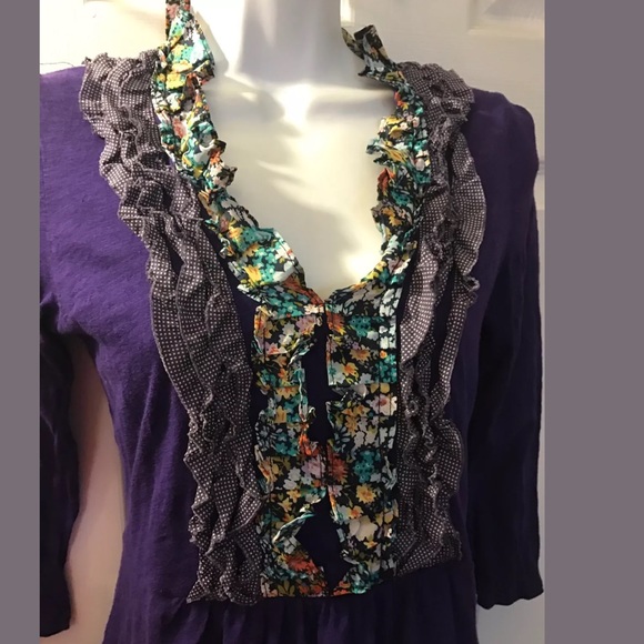 DELETTA Purple Printed Tuxedo Tee Shirt Blouse Pleated VNeck Layering knits Tops - Picture 5 of 8